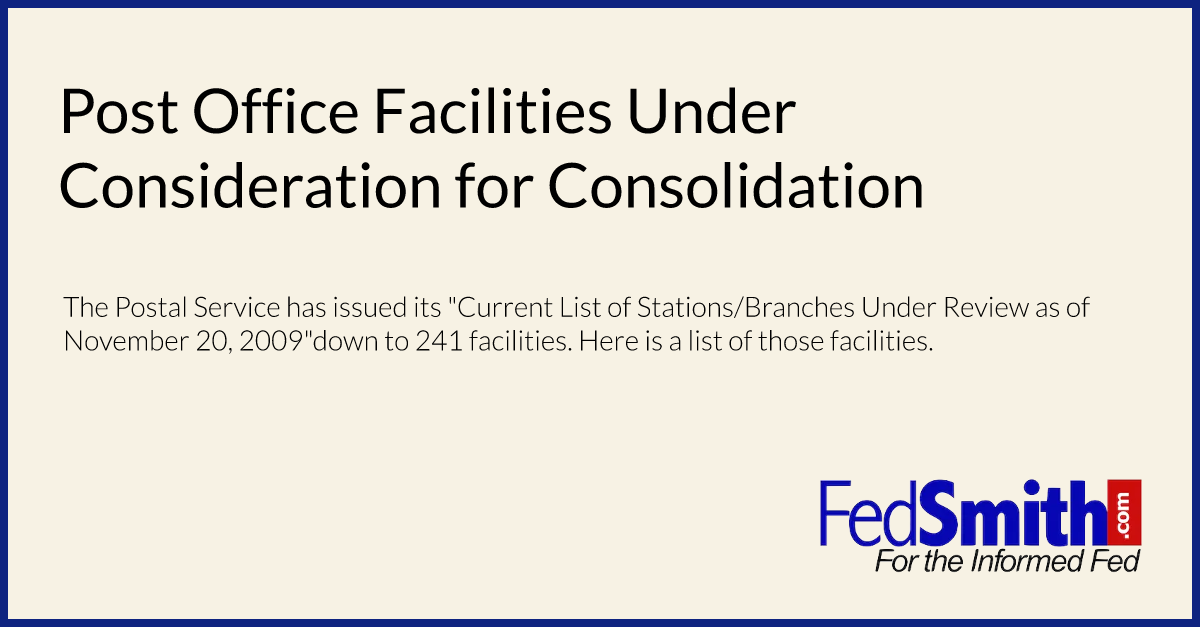 Post Office Facilities Under Consideration For Consolidation